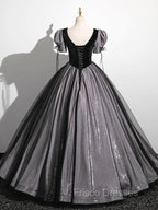 A-Line Puff Sleeves Black Long Formal Prom Dress, Black Sweet 16 Dress