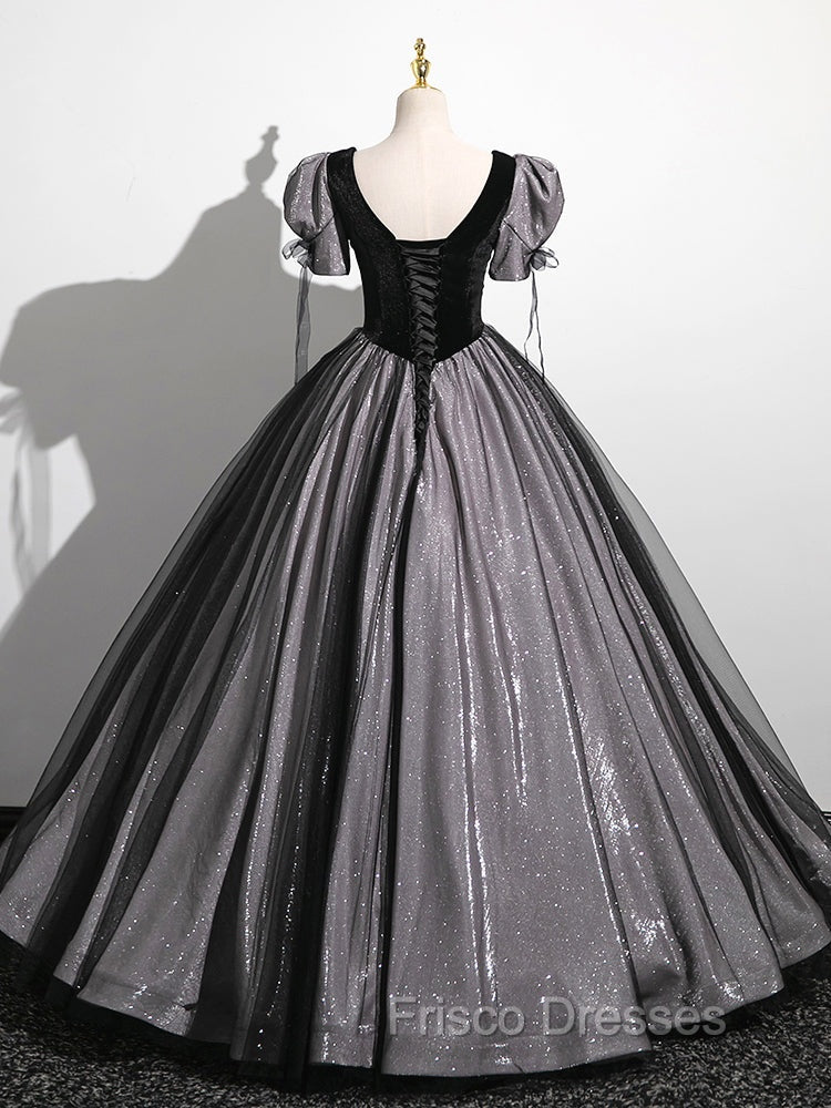 A-Line Puff Sleeves Black Long Formal Prom Dress, Black Sweet 16 Dress