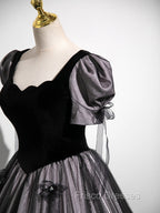 A-Line Puff Sleeves Black Long Formal Prom Dress, Black Sweet 16 Dress