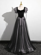 A-Line Puff Sleeves Black Long Formal Prom Dress, Black Sweet 16 Dress