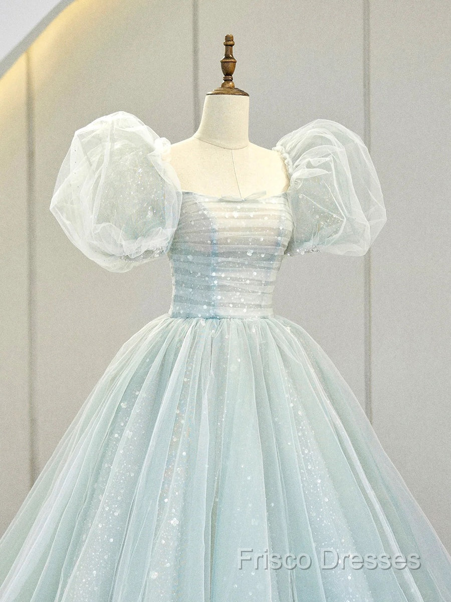 A-Line Puff Sleeves Blue Long Formal Prom Dress, Tulle Formal Dress Secondary image