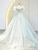 A-Line Puff Sleeves Blue Long Formal Prom Dress, Tulle Formal Dress
