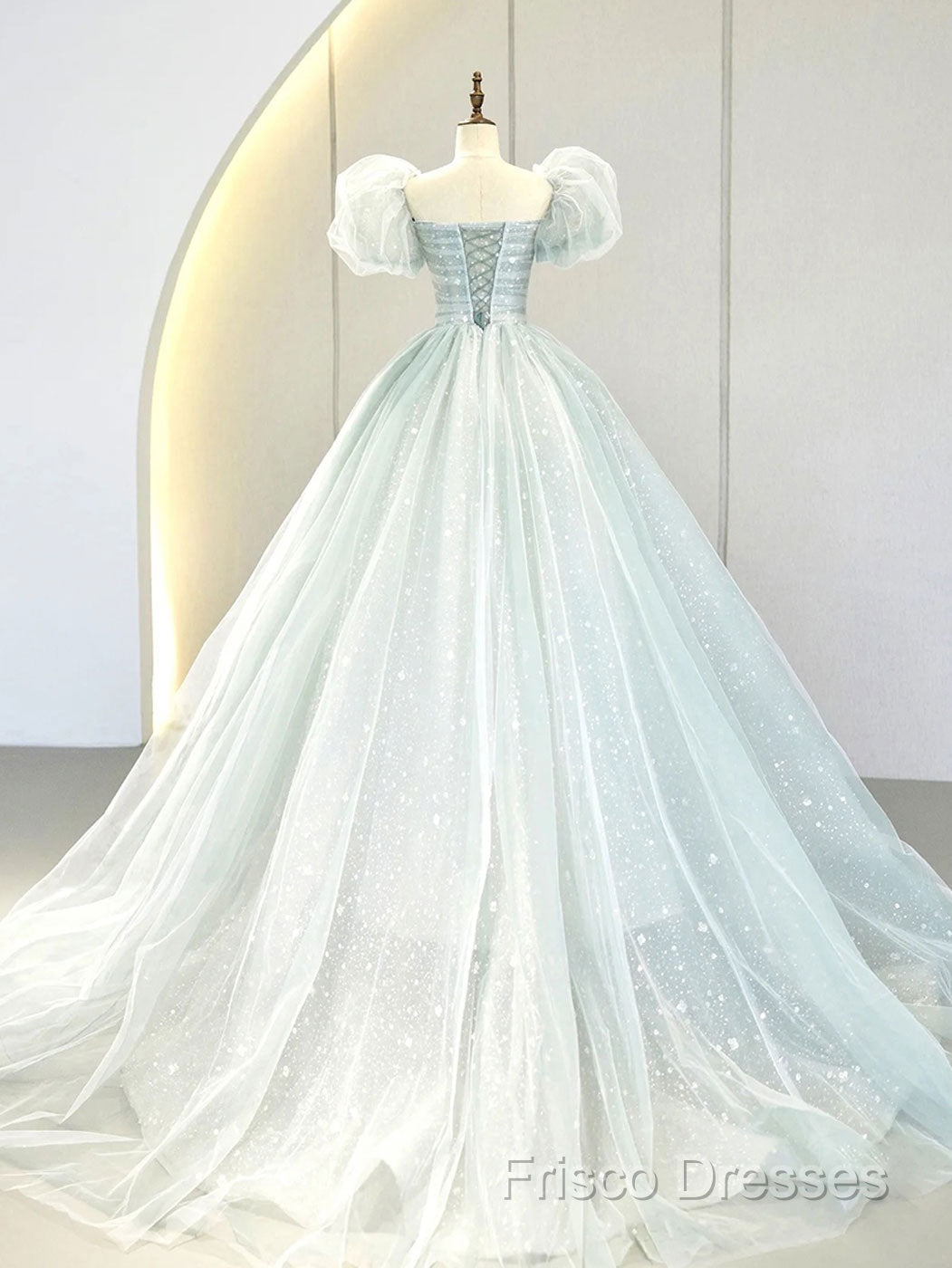A-Line Puff Sleeves Blue Long Formal Prom Dress, Tulle Formal Dress