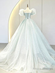 A-Line Puff Sleeves Blue Long Prom Dress, Tulle Formal Evening Dress