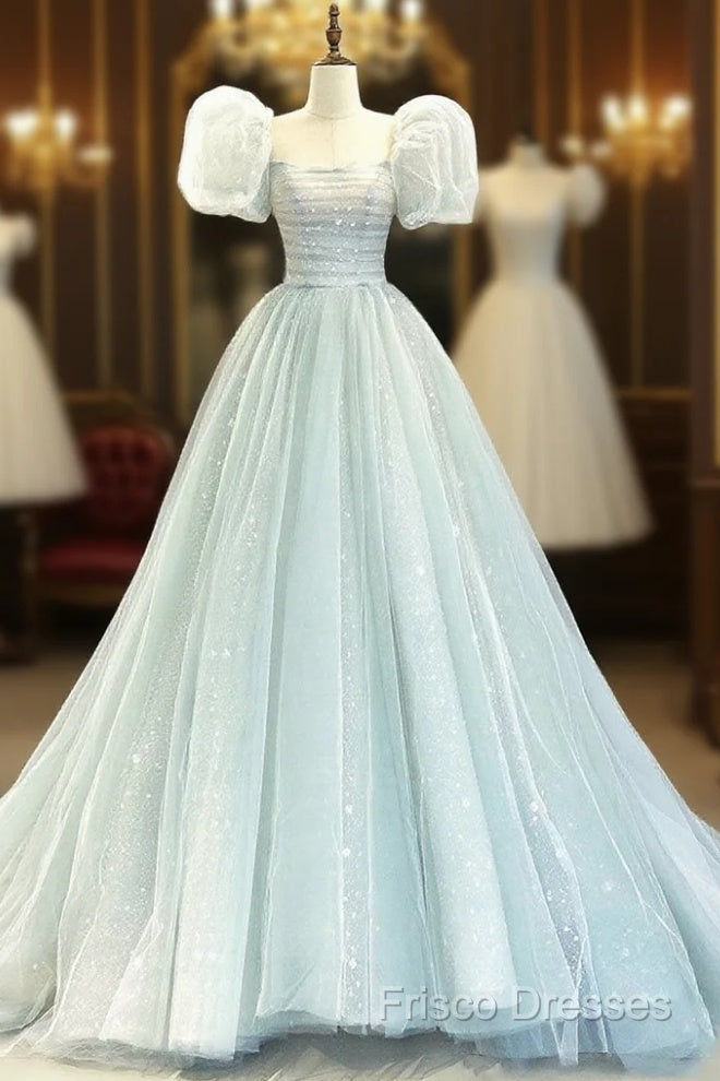 A-Line Puff Sleeves Blue Long Formal Prom Dress, Tulle Formal Dress Main image