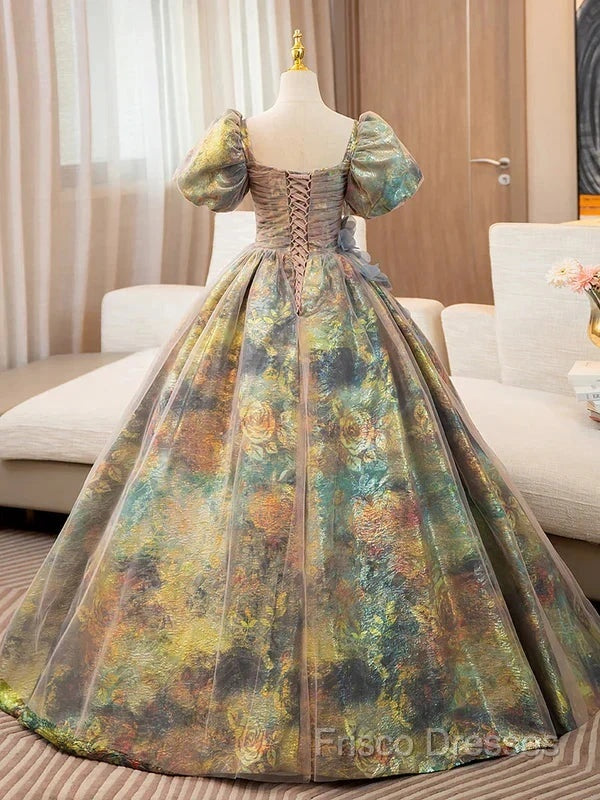A-Line Puff Sleeves Gold Long Formal Prom Dress Quinceanera Dress With Flower Elegant