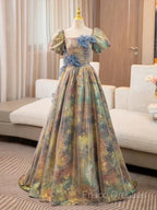 A-Line Puff Sleeves Gold Long Formal Prom Dress Quinceanera Dress With Flower Elegant