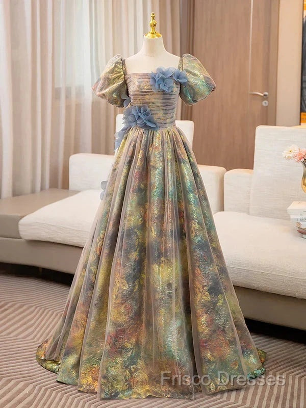 A-Line Puff Sleeves Gold Long Formal Prom Dress Quinceanera Dress With Flower Elegant