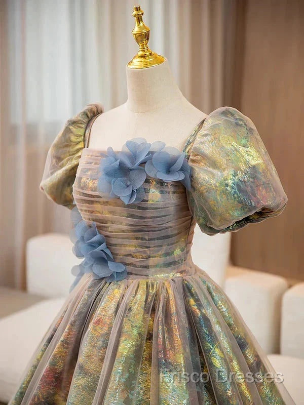 A-Line Puff Sleeves Gold Long Formal Prom Dress Quinceanera Dress With Flower Elegant