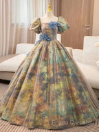 A-Line Puff Sleeves Gold Long Formal Prom Dress Quinceanera Dress With Flower Elegant