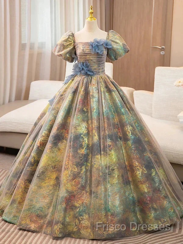 A-Line Puff Sleeves Gold Long Formal Prom Dress Quinceanera Dress With Flower Elegant