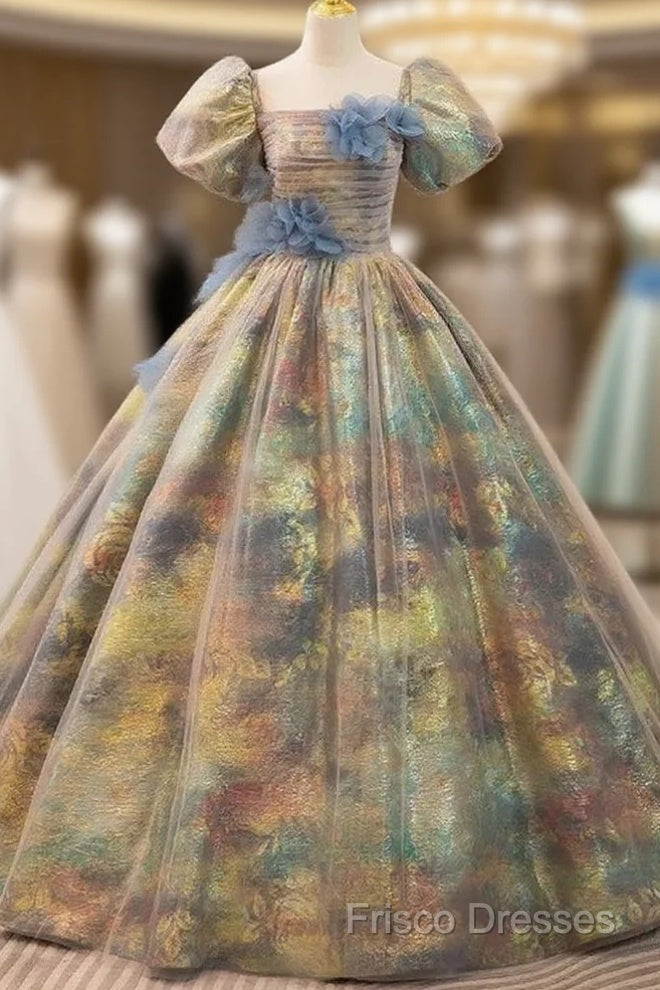 A-Line Puff Sleeves Gold Long Formal Prom Dress Quinceanera Dress With Flower Elegant Main image