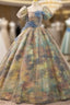 A-Line Puff Sleeves Gold Long Formal Prom Dress Quinceanera Dress With Flower Elegant
