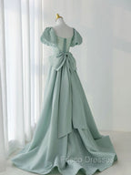 A-Line Puff Sleeves Green Long Formal Prom Dress, Green Formal Dress