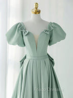 A-Line Puff Sleeves Green Long Formal Prom Dress, Green Formal Dress