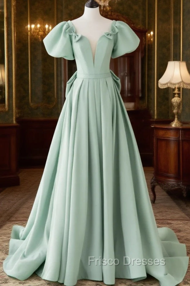 A-Line Puff Sleeves Green Long Formal Prom Dress, Green Formal Dress