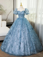 A-Line Puff Sleeves Lace Gray Blue Long Formal Prom Dress, Gray Blue Formal Dress