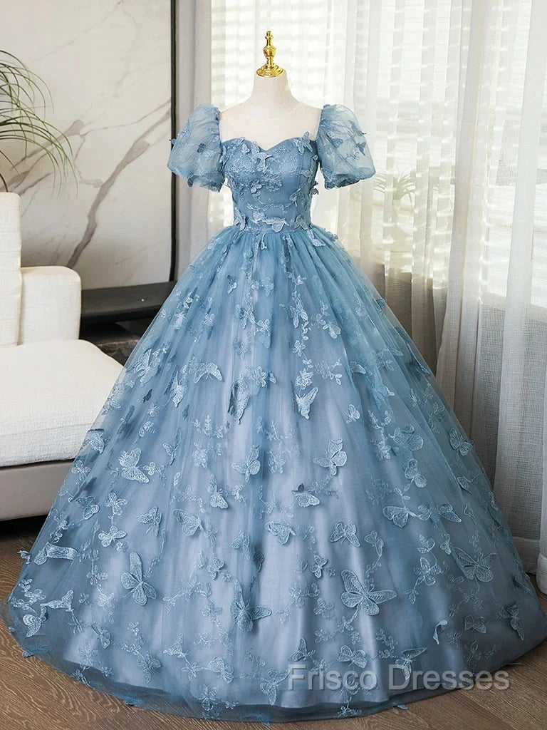 A-Line Puff Sleeves Lace Gray Blue Long Formal Prom Dress, Gray Blue Formal Dress