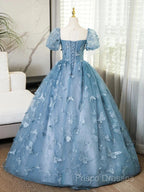A-Line Puff Sleeves Lace Gray Blue Long Formal Prom Dress, Gray Blue Formal Dress