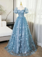 A-Line Puff Sleeves Lace Gray Blue Long Formal Prom Dress, Gray Blue Formal Dress