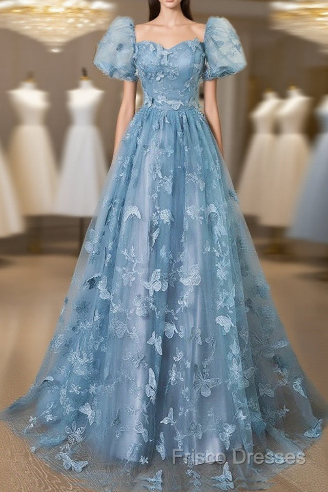 A-Line Puff Sleeves Lace Gray Blue Long Formal Prom Dress, Gray Blue Formal Dress Main image