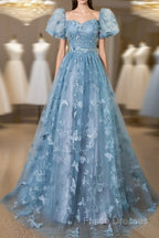A-Line Puff Sleeves Lace Gray Blue Long Formal Prom Dress, Gray Blue Formal Dress