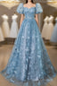 A-Line Puff Sleeves Lace Gray Blue Long Formal Prom Dress, Gray Blue Formal Dress
