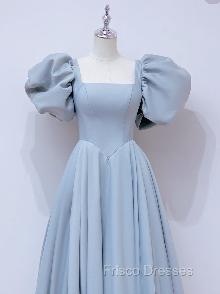 A-Line Puff sleeves Long Blue Formal Prom Dress, Square Neckline Blue Long Formal Dress