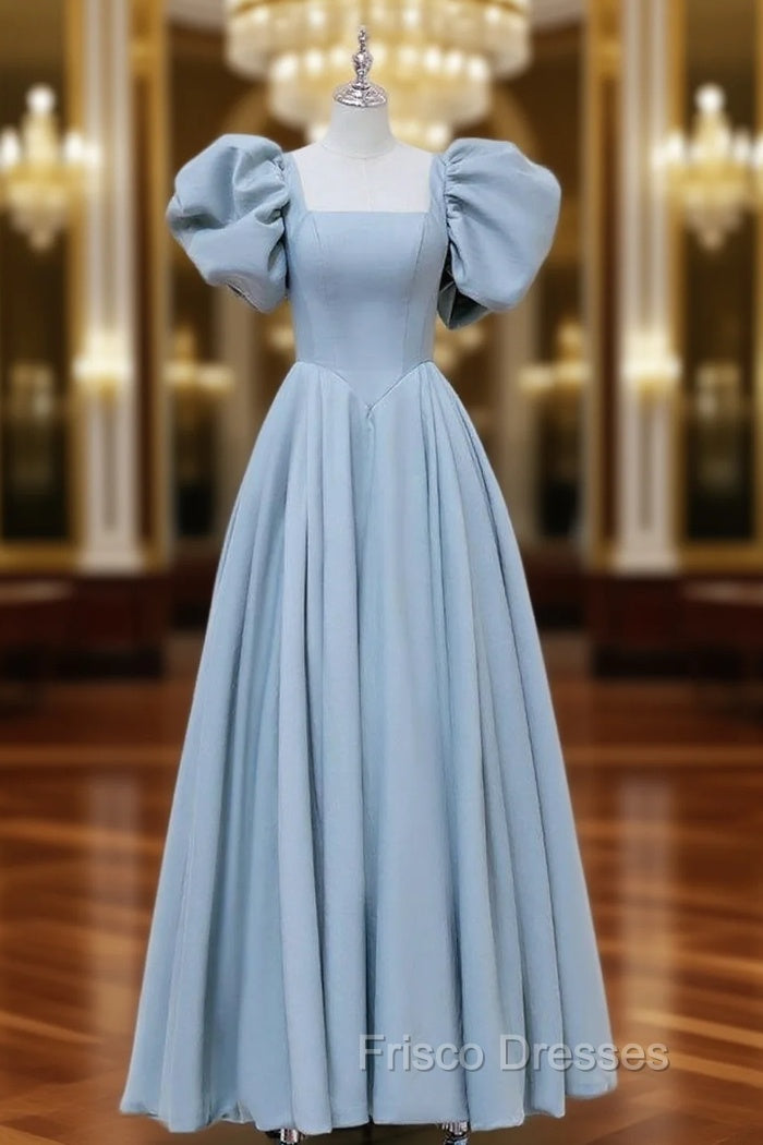 A-Line Puff sleeves Long Blue Formal Prom Dress, Square Neckline Blue Long Formal Dress Main image