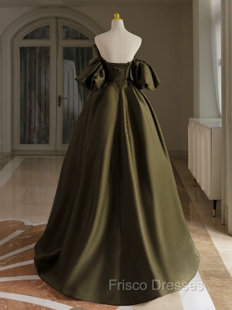 A-Line Puff Sleeves Olive Green Satin Long Formal Prom Dress, Olive Green Long Evening Dress