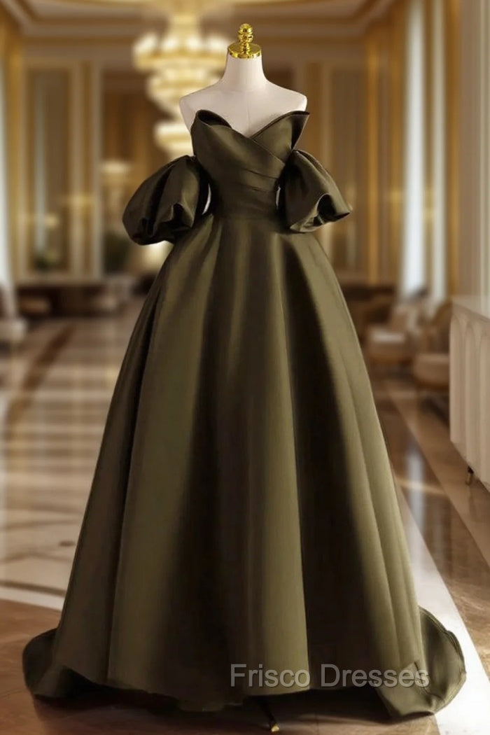 A-Line Puff Sleeves Olive Green Satin Long Formal Prom Dress, Olive Green Long Evening Dress Main image