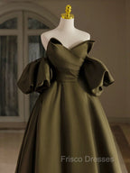 A-Line Puff Sleeves Olive Green Satin Long Formal Prom Dress, Olive Green Long Formal Dress
