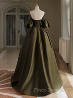 A-Line Puff Sleeves Olive Green Satin Long Formal Prom Dress, Olive Green Long Formal Dress