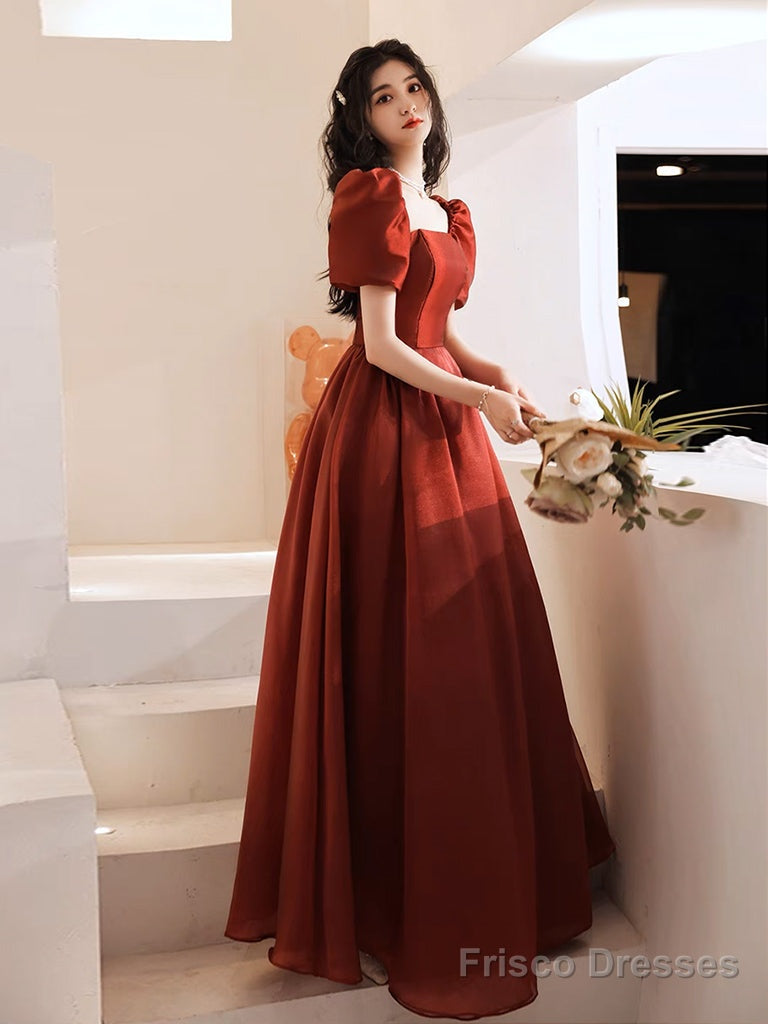 A-Line Puff Sleeves Organza Burgundy Long Prom Dress, Burgundy Long Evening Dress Secondary image