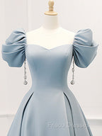 A-Line Puff Sleeves Satin Blue Long Formal Prom Dress, Blue Long Formal Dress