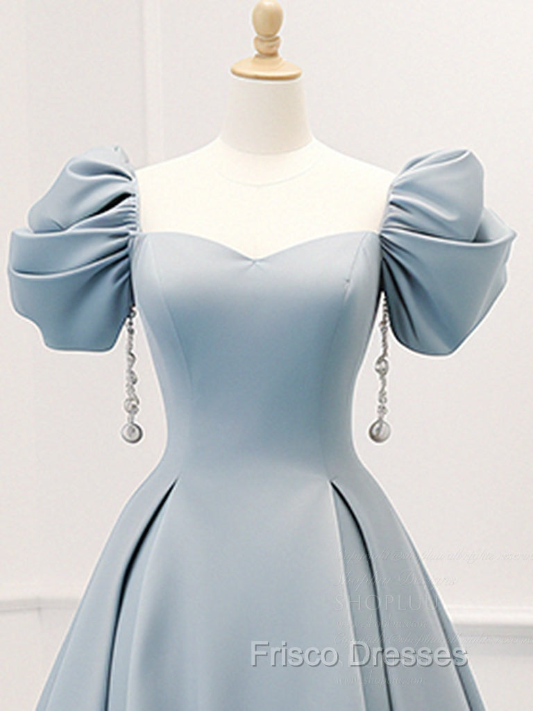 A-Line Puff Sleeves Satin Blue Long Formal Prom Dress, Blue Long Formal Dress