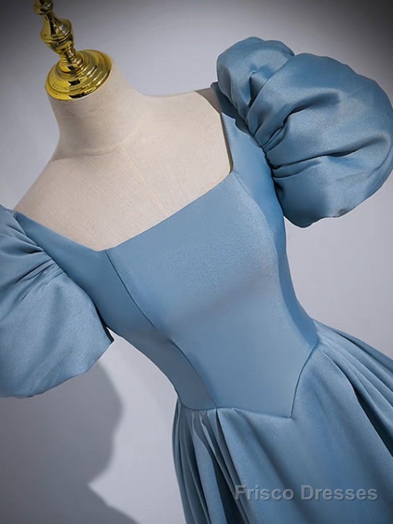 A-Line Puff Sleeves Satin Blue Long Prom Dress, Blue Long Formal Dress Secondary image