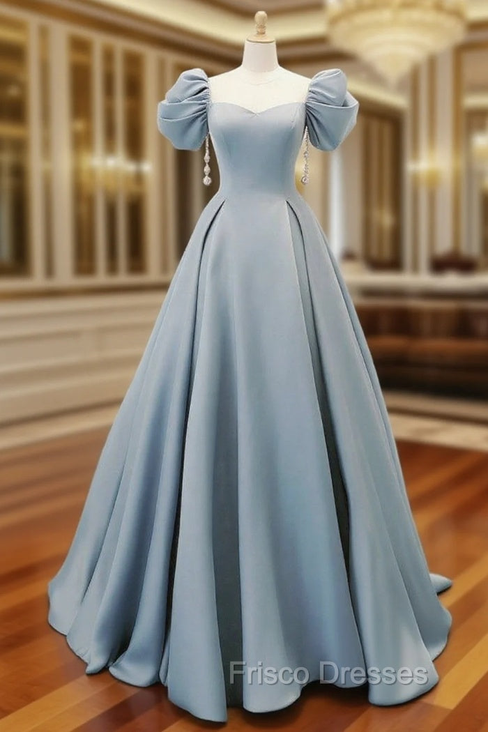 A-Line Puff Sleeves Satin Blue Long Formal Prom Dress, Blue Long Formal Dress Main image