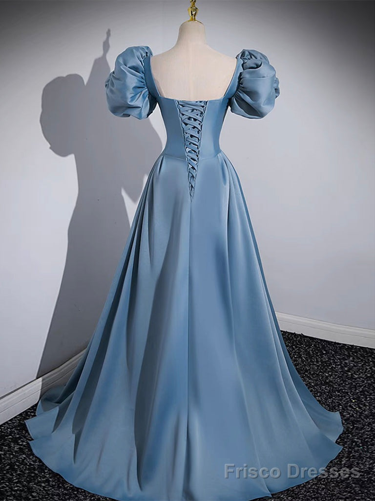 A-Line Puff Sleeves Satin Blue Long Prom Dress, Blue Long Formal Dress