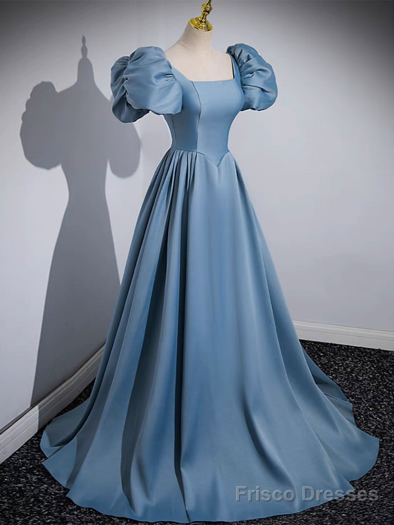 A-Line Puff Sleeves Satin Blue Long Prom Dress, Blue Long Formal Dress