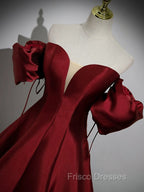 A-Line Puff Sleeves Satin Burgundy Long Formal Prom Dress, Burgundy Long Formal Dress