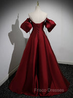 A-Line Puff Sleeves Satin Burgundy Long Formal Prom Dress, Burgundy Long Formal Dress