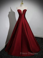 A-Line Puff Sleeves Satin Burgundy Long Formal Prom Dress, Burgundy Long Formal Dress