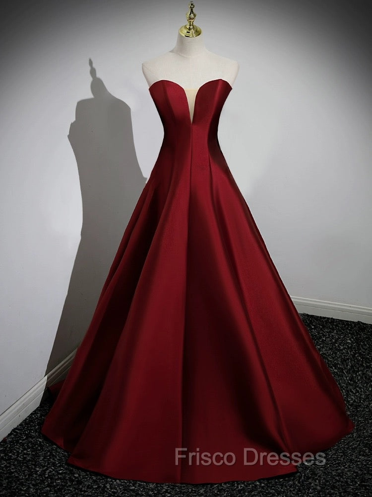 A-Line Puff Sleeves Satin Burgundy Long Formal Prom Dress, Burgundy Long Formal Dress