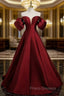 A-Line Puff Sleeves Satin Burgundy Long Formal Prom Dress, Burgundy Long Formal Dress