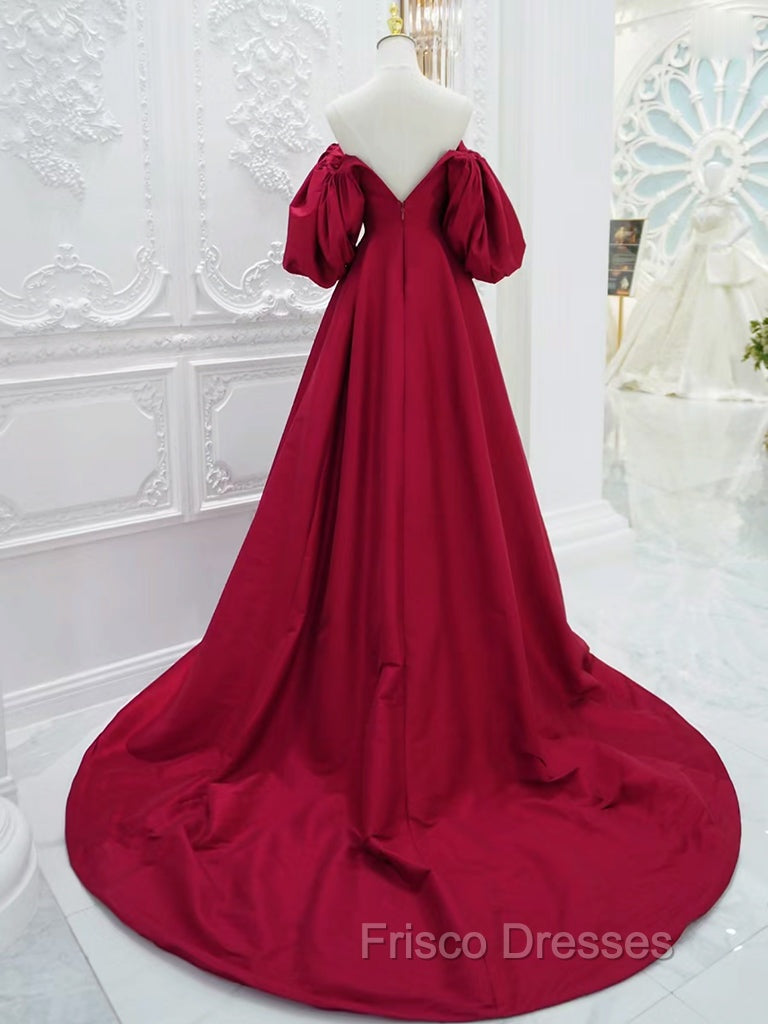 A-Line Puff Sleeves Satin Dark Red Long Formal Prom Dress, Dark Red Long Evening Dress Secondary image