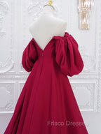 A-Line Puff Sleeves Satin Dark Red Long Formal Prom Dress, Dark Red Long Evening Dress