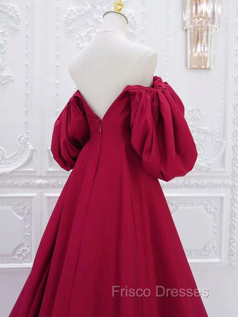 A-Line Puff Sleeves Satin Dark Red Long Formal Prom Dress, Dark Red Long Evening Dress