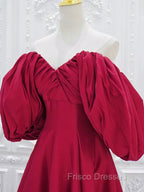 A-Line Puff Sleeves Satin Dark Red Long Formal Prom Dress, Dark Red Long Evening Dress