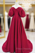 A-Line Puff Sleeves Satin Dark Red Long Formal Prom Dress, Dark Red Long Evening Dress